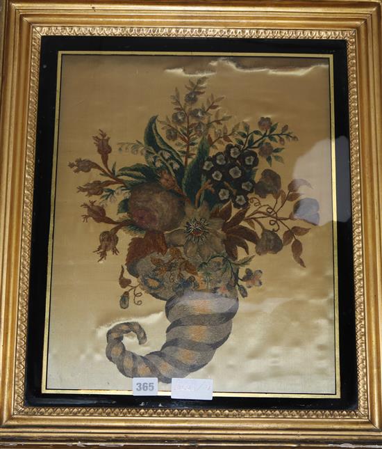 A Regency chenial and ribbon work picture of a cornucopia 46 x 38cm